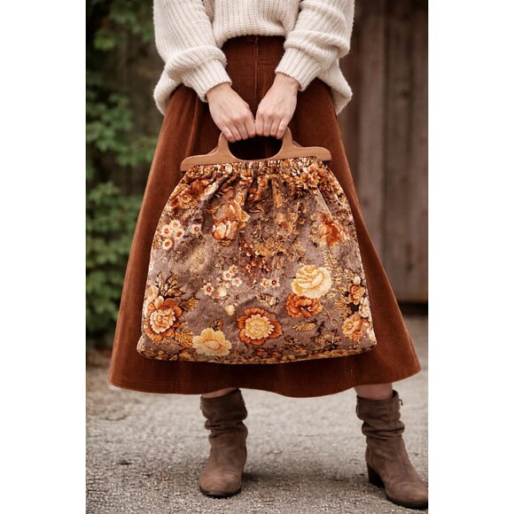 Handbags - Vintage 70s Boho Floral Carpet Bag Retro Velour Purse 17" w/Wood Handles